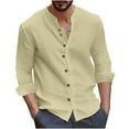 thumbnail image 1 of WREESH Men's Casual Button Down Shirt Cotton Linen Solid Round Neck Long Sleeve Shirt Khaki, 1 of 6