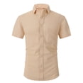 thumbnail image 1 of WREESH Men's Casual Button Down Shirt Linen Solid with Pocket Turndown Short Sleeve Breathable Shirt Khaki, 1 of 5