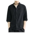 thumbnail image 1 of WREESH Men's Casual Button Down Shirt Solid Linen Shirt New Stand-Up Collar Thin Seven-Point Short Sleeved Shirt Black, 1 of 5