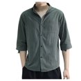 thumbnail image 1 of WREESH Men's Casual Button Down Shirt Solid Linen Shirt New Stand-Up Collar Thin Seven-Point Short Sleeved Shirt Green, 1 of 5