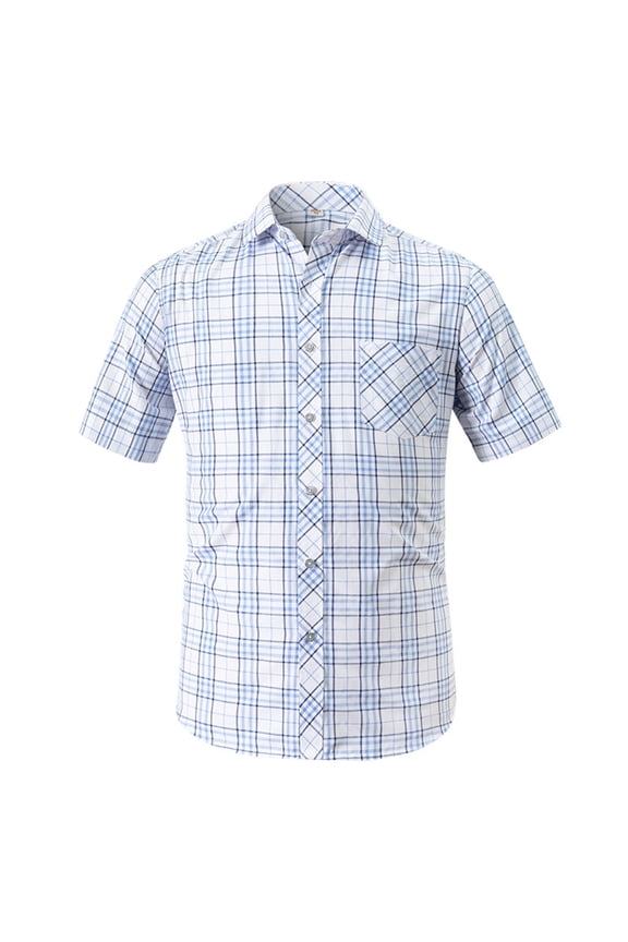 Men's Casual Button Down Shirts Cotton Plaid Short Sleeve with Turndown Collar and Pocket White