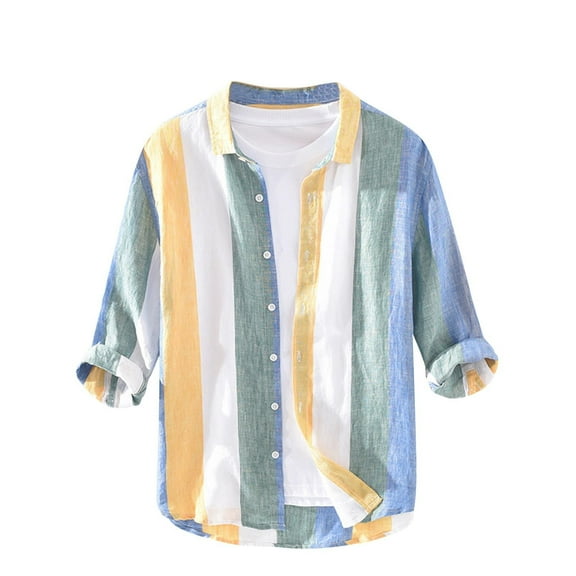 WREESH Men's Casual Button Down Shirts Linen Shirts Striped Three Quarter Sleeve Shirt Yellow
