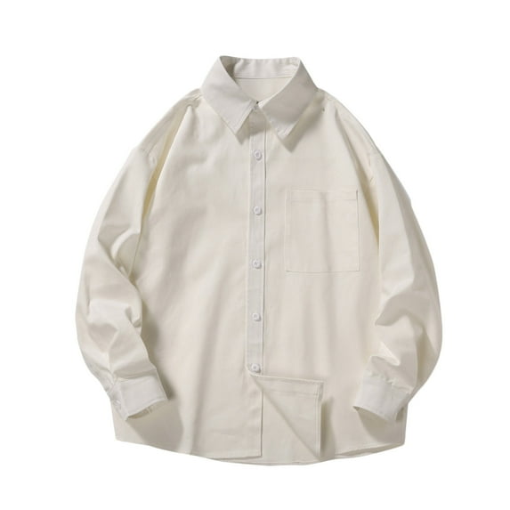 WREESH Men's Casual Button Down Shirts Long Sleeve Solid Color with Turn-Down Collar, Button Front & Pockets for Everyday Wear White