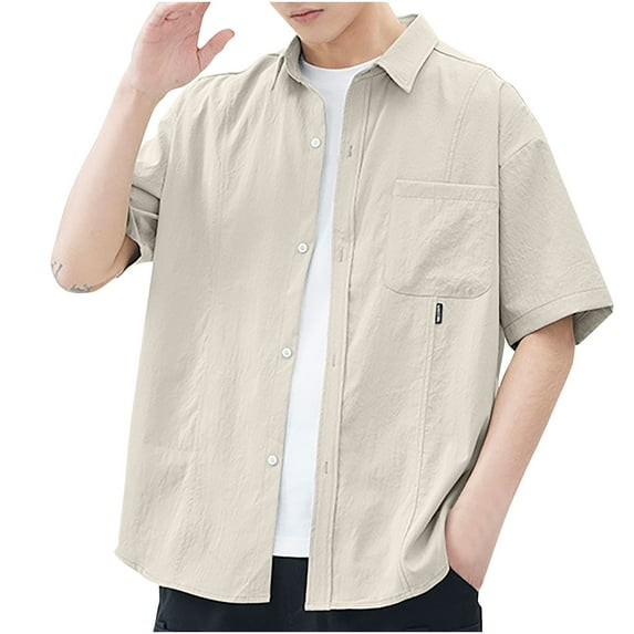 WREESH Men's Casual Button Down Shirts Solid Color Loose Short Sleeve Shirt Jackets for Men's Everyday Wear Beige