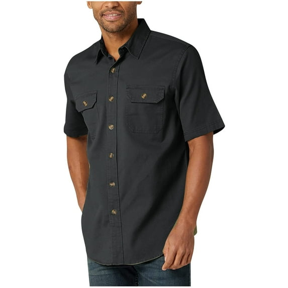 WREESH Men's Casual Button Down Shirts Solid Color Short Sleeve Turndown Collar Shirts Stylish Tops Black
