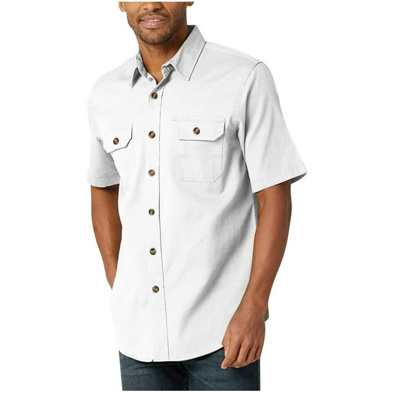 WREESH Men's Casual Button Down Shirts Solid Color Short Sleeve Turndown Collar Shirts Stylish Tops White