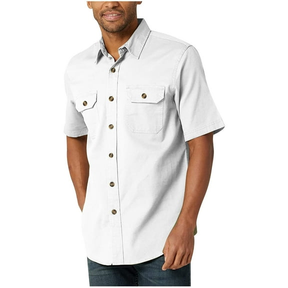 WREESH Men's Casual Button Down Shirts Solid Color Short Sleeve Turndown Collar Shirts Stylish Tops White