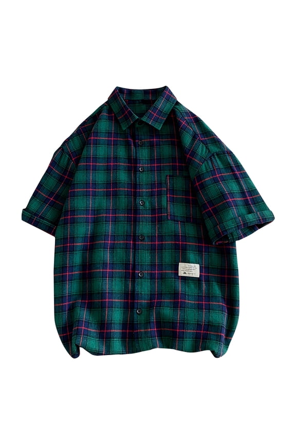 Men's Casual Button Down Shirts with Checkered Print Fashion Short Sleeve Plaid Top for Personalized Style Green