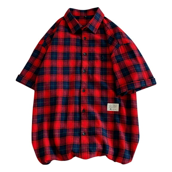 WREESH Men's Casual Button Down Shirts with Checkered Print Fashion Short Sleeve Plaid Top for Personalized Style Red