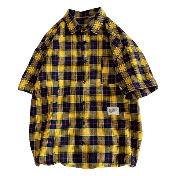 WREESH Men's Casual Button Down Shirts with Checkered Print Fashion Short Sleeve Plaid Top for Personalized Style Yellow