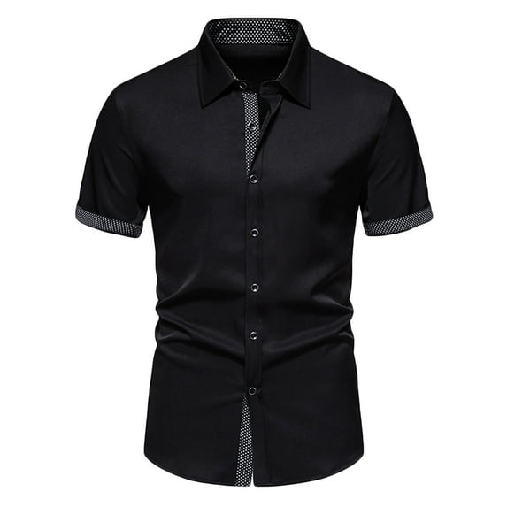 WREESH Men's Casual Button Down Shirts with Spliced Sleeve Turn Down Collar, Color Matching Short Sleeve Cardigan Black