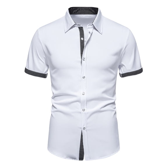 WREESH Men's Casual Button Down Shirts with Spliced Sleeve Turn Down Collar, Color Matching Short Sleeve Cardigan White