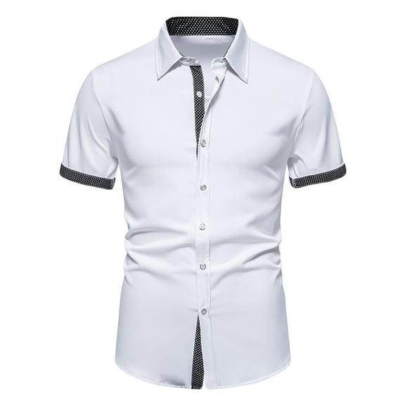 WREESH Men's Casual Button Down Shirts with Spliced Sleeve Turn Down Collar, Color Matching Short Sleeve Cardigan White