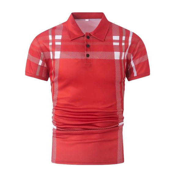 WREESH Men's Casual Button Turn Down Collar Top with Short Sleeve Striped Sports Shirt Men's Striped Printed Pullover Top Red