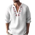 thumbnail image 1 of WREESH Men's Casual Cotton Linen Henley Shirt Fashion V-Neck Print Long Sleeve Pullover Lightweight Breathable Button Shirt Workout Tops White, 1 of 6