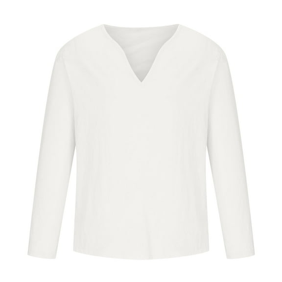 WREESH Men's Casual Cotton Linen Shirts Fashion Solid V-Neck Long Sleeve Pullover Breathable Shirt Workout Tops White