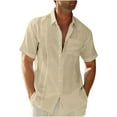 thumbnail image 1 of WREESH Men's Casual Cotton Linen Solid Turndown Short Sleeve Button Up Shirt Hawaii Shirt Beige, 1 of 5