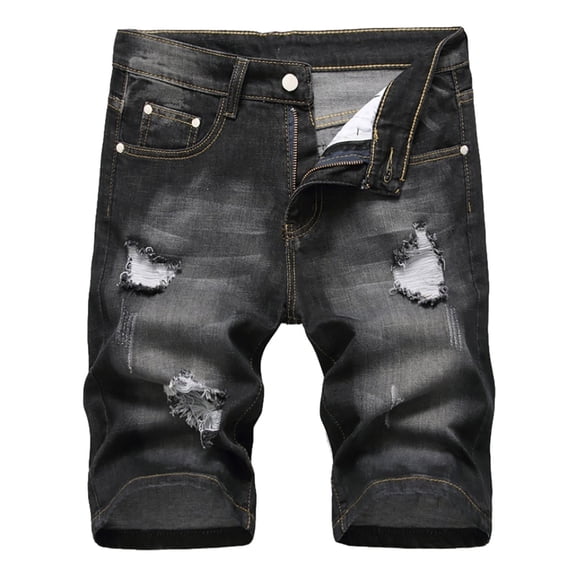 WREESH Men's Casual Denim Shorts High-End Ripped Personality Camouflage Stitching Trend Shorts Black