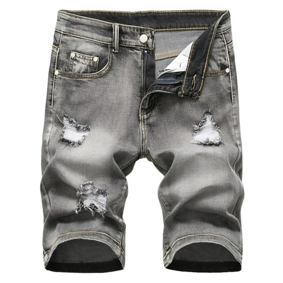 WREESH Men's Casual Denim Shorts High-End Ripped Personality Camouflage Stitching Trend Shorts Gray