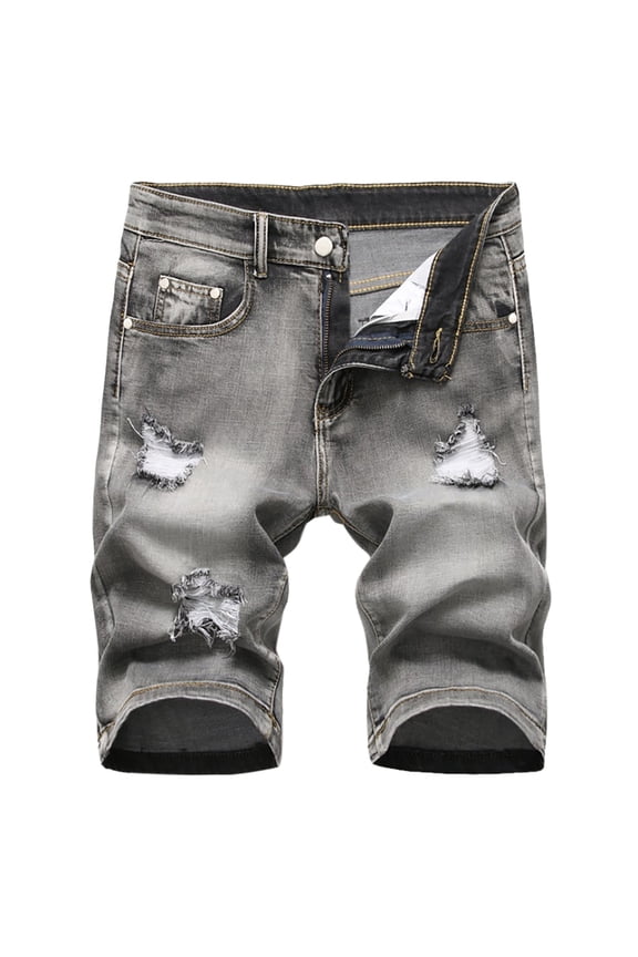 Men's Casual Denim Shorts High-End Ripped Personality Camouflage Stitching Trend Shorts Gray