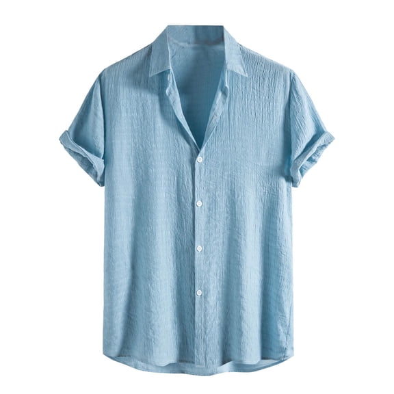 WREESH Men's Casual Dress Shirts with Button Down Turndown Button, Pockets, Short Sleeve Solid Print Cotton Plaid Top Light Blue