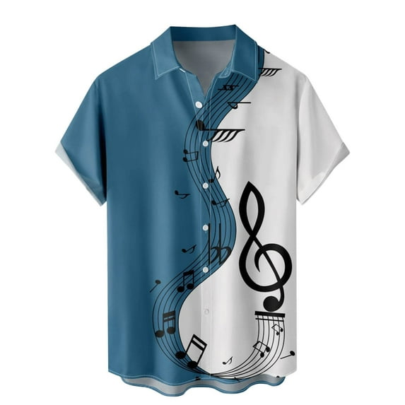 WREESH Men's Casual Fashion Short Sleeve Button Down Shirt with Color Block Print and Note Design Blue