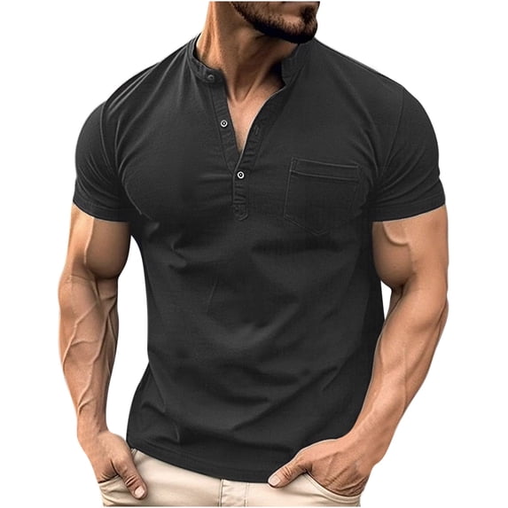WREESH Men's Casual Henley Shirts Basic Button Short Sleeve Shirt with Pockets and V-Neck for Semi-Casual Style Black