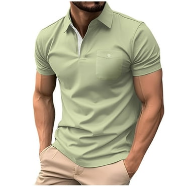 WREESH Men's Casual Henley with Button Short Sleeve and Patchwork Turndown Collar Solid Print Pullover T-Shirt Top Green