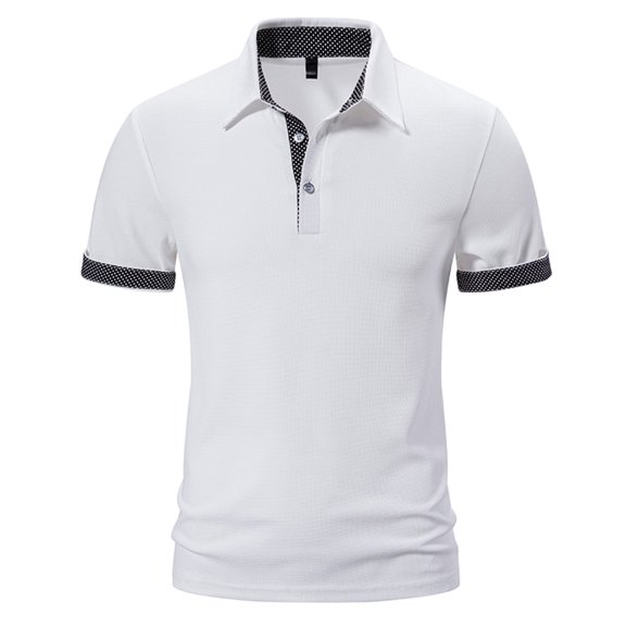 WREESH Men's Casual Henley with Polka Dot Patchwork Print and Button Turn-Down Collar, Men's Polka Dot Button Patchwork Pullover Top Shirt White