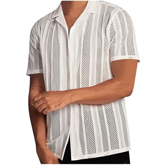 WREESH Men's Casual Hollow Out Button Down Shirts Solid Color Short Sleeve Turndown Collar Tops with a Unique Hollow Out Style White
