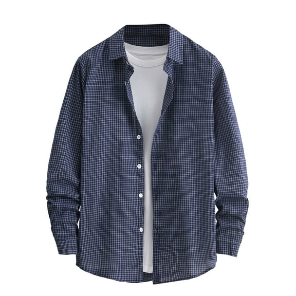WREESH Men's Casual Plaid Button Down Shirts New Fashion Long Sleeve Shirts Casual Coat with Plaid Pattern and Pointed Neck Pocket Navy