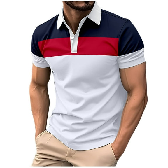 WREESH Men's Casual Short Sleeve Henley Shirt with Patchwork Turndown Collar Color Block Pattern Button Top T-Shirt White