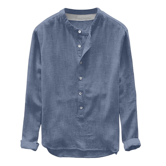 WREESH Men's Casual Solid Button Down Shirts Long Sleeve with Rounded Neckline, Solid Color for a Versatile Layering Piece Navy