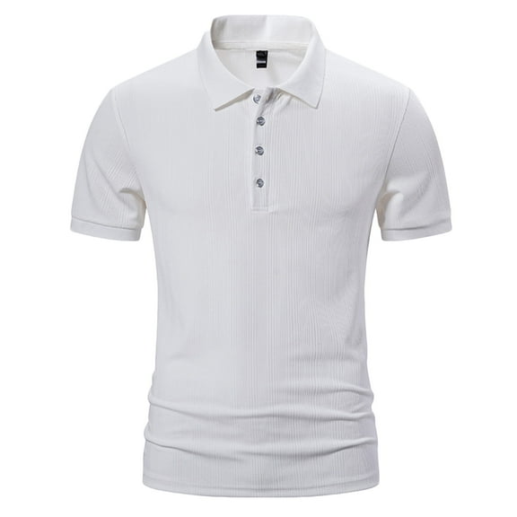 WREESH Men's Casual Solid Button Short Sleeve Collar Pullover T-Shirt Top Men's Ribbed Four Button Shirt Top White