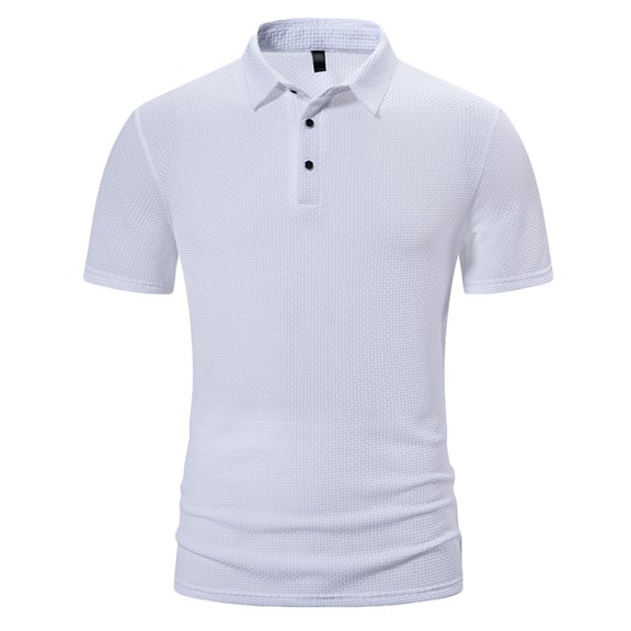 WREESH Men's Casual Solid Button Short Sleeve Collar Pullover T-Shirt Top Men's Three Button Ice Silk Shirt White