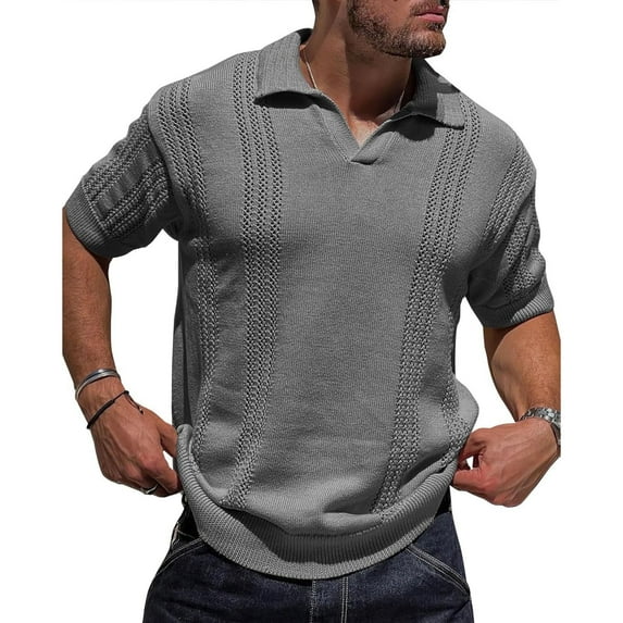 WREESH Men's Casual Solid Color Short Sleeve Collared Shirt Knit Fashion Pullover Top with Turndown Collar for Everyday Wear Gray