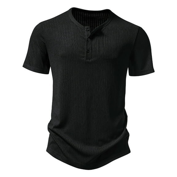WREESH Men's Casual Solid Fashion Pullover with Three Button Ribbed Stripe, Short Sleeve T-Shirt Top for Stylish Comfort Black