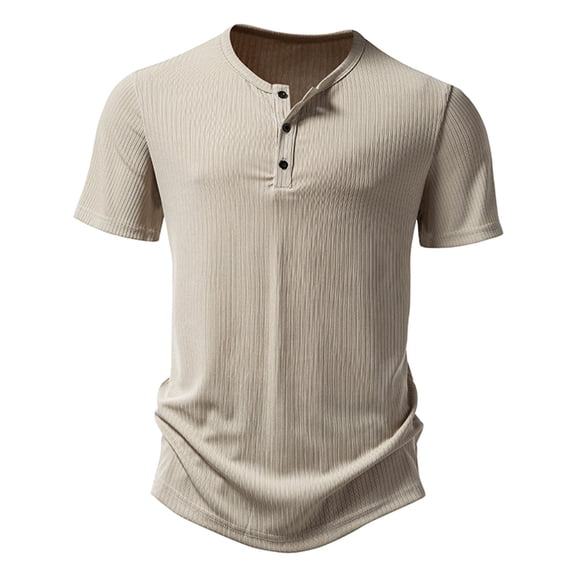 WREESH Men's Casual Solid Fashion Pullover with Three Button Ribbed Stripe, Short Sleeve T-Shirt Top for Stylish Comfort Khaki