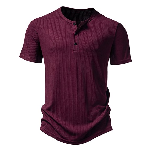 WREESH Men's Casual Solid Fashion Pullover with Three Button Ribbed Stripe, Short Sleeve T-Shirt Top for Stylish Comfort Wine