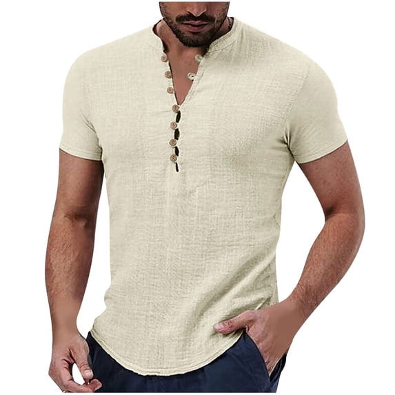 WREESH Men's Casual Solid Henley Shirts Short Sleeve Turndown Collar Shirt a Versatile Solid Color Fashion Statement Beige