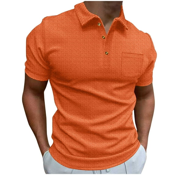 WREESH Men's Casual Solid Turndown Pullover Fashion Button Short Sleeve Shirt Men's Waffle Button Pullover Top Orange