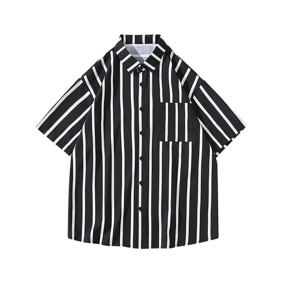 WREESH Men's Casual Striped Button Down Shirts Fashion Short Sleeve Shirt with Personalized Striped Design Black