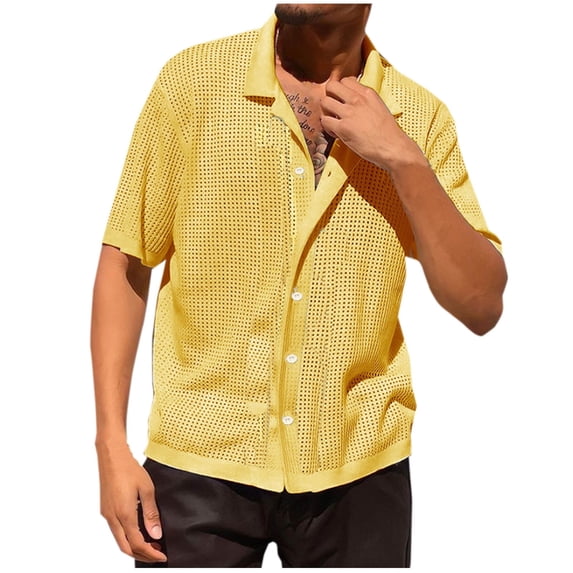 WREESH Men's Casual Summer Solid Color Knit Hollow Out Short Sleeve Button Down Shirt Yellow