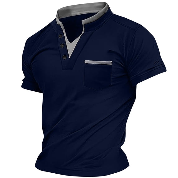 WREESH Men's Casual V-Neck Top Solid Color Short Sleeve Shirt with a Button Front Modern Top for Casual Wear Navy