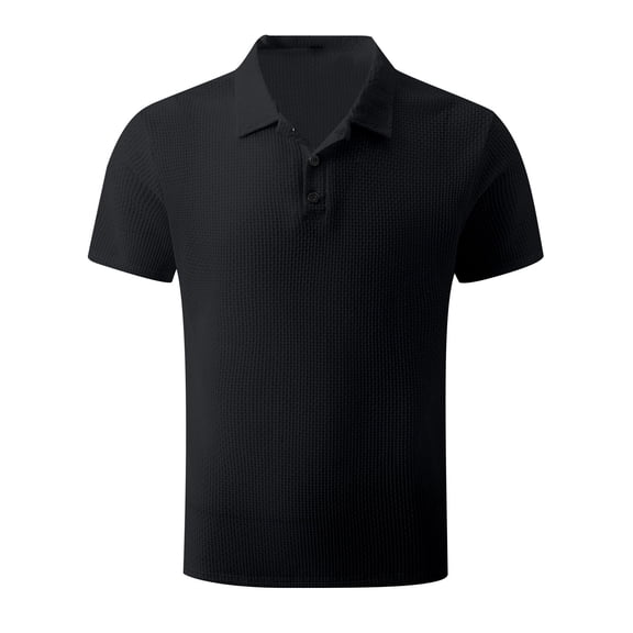 WREESH Men's Classic Henley Shirts Solid Color Button Front Short Sleeve Top with Turndown Collar Essential Casual Wear Black