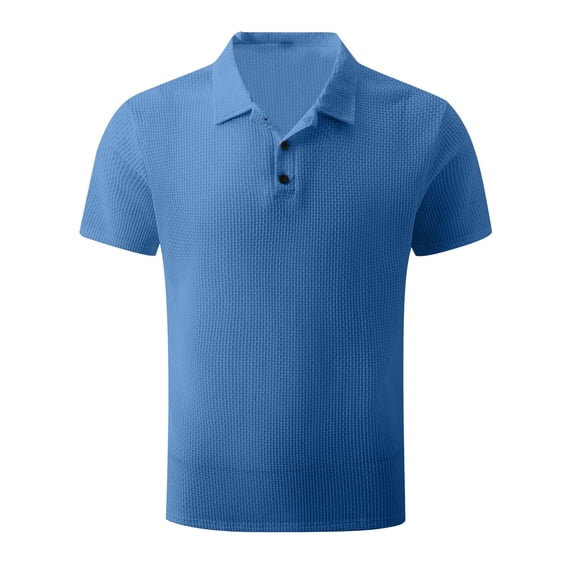 WREESH Men's Classic Henley Shirts Solid Color Button Front Short Sleeve Top with Turndown Collar Essential Casual Wear Blue