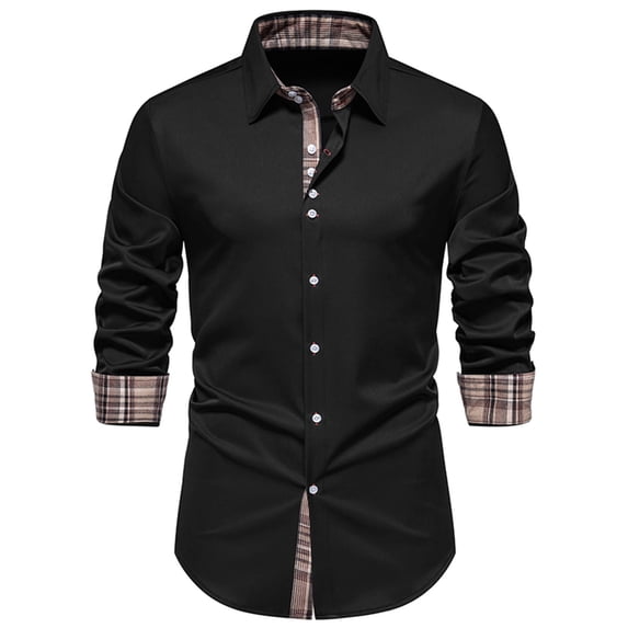 WREESH Men's Classic Patchwork Collar Shirt - Long Sleeve Button Down Dress Shirt with Solid Color Options, Office & Dinner Party