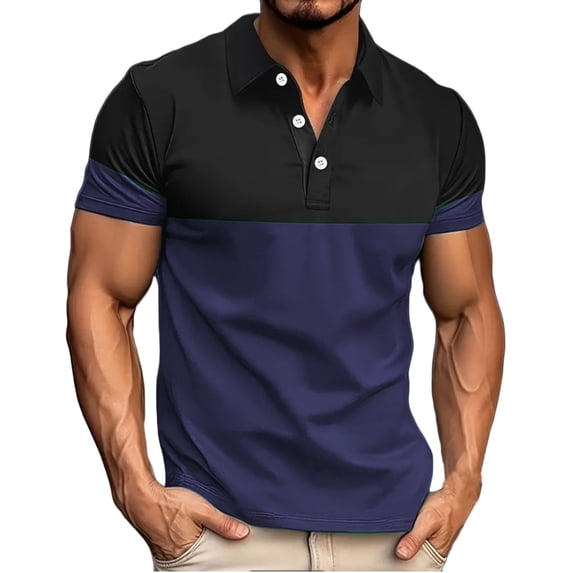 WREESH Men's Color Block Henley Shirts Casual Fashion Business Short Sleeve Shirt with Athletic Color Block Design Blue