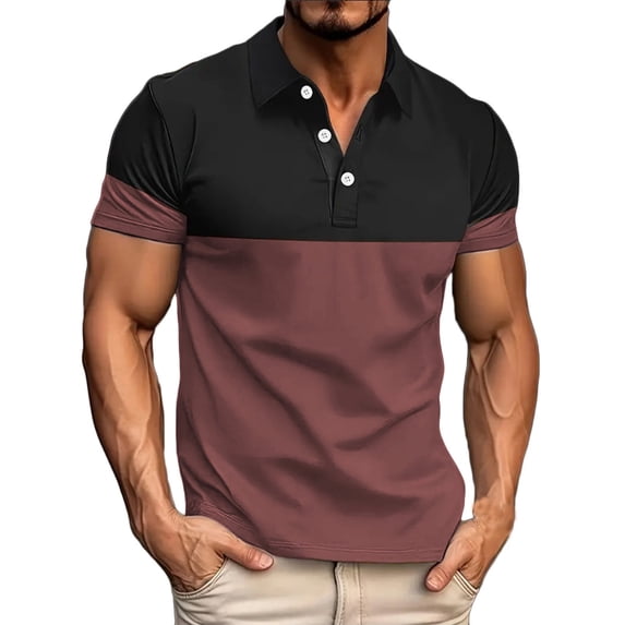 WREESH Men's Color Block Henley Shirts Casual Fashion Business Short Sleeve Shirt with Athletic Color Block Design Brown