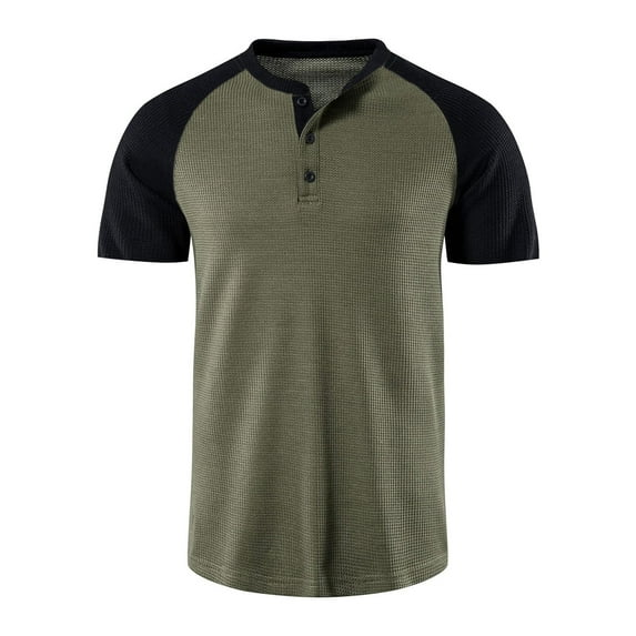 WREESH Men's Color Block Henley Shirts Patchwork Button-Up Short Sleeve Stand Collar Top a Unique Pullover with Stand Out Color Blocking Olive Green